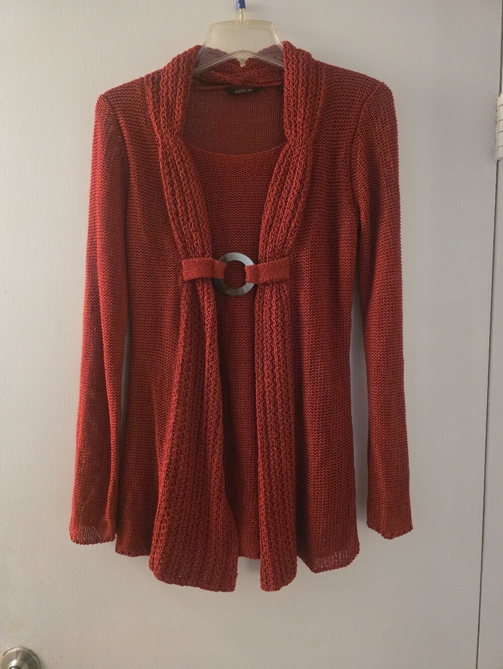 Red Open-Front Knit Cardigan with Ring Detail - Women Sweater